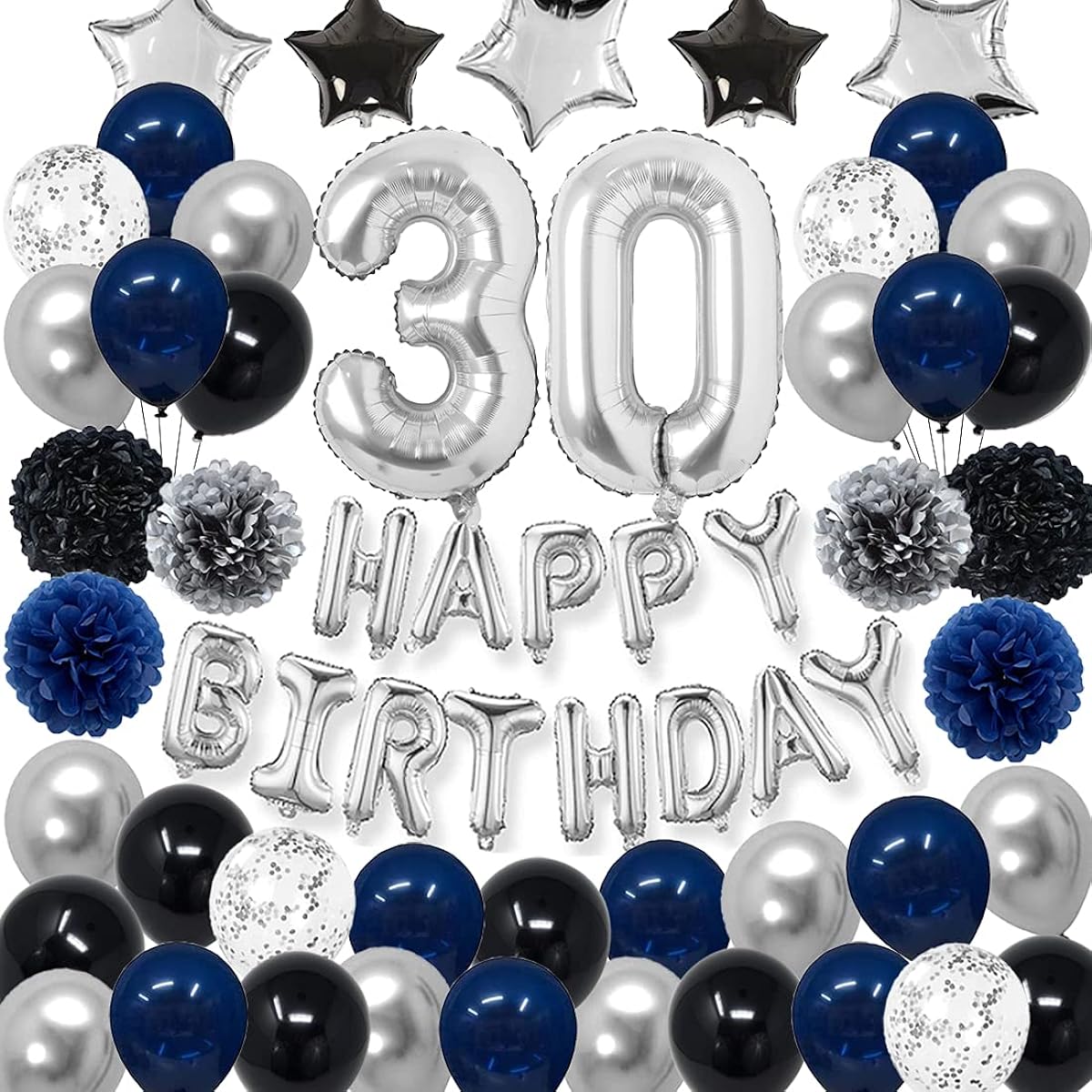 RBYOO 30 Years Old Blue Birthday Decorations for Men Boys Women Girls Navy Blue Black Silver Happy Birthday Party Supplies with Pom Poms Flower Confetti Balloons 30 Foil Number Balloons Happy Birthday Banner