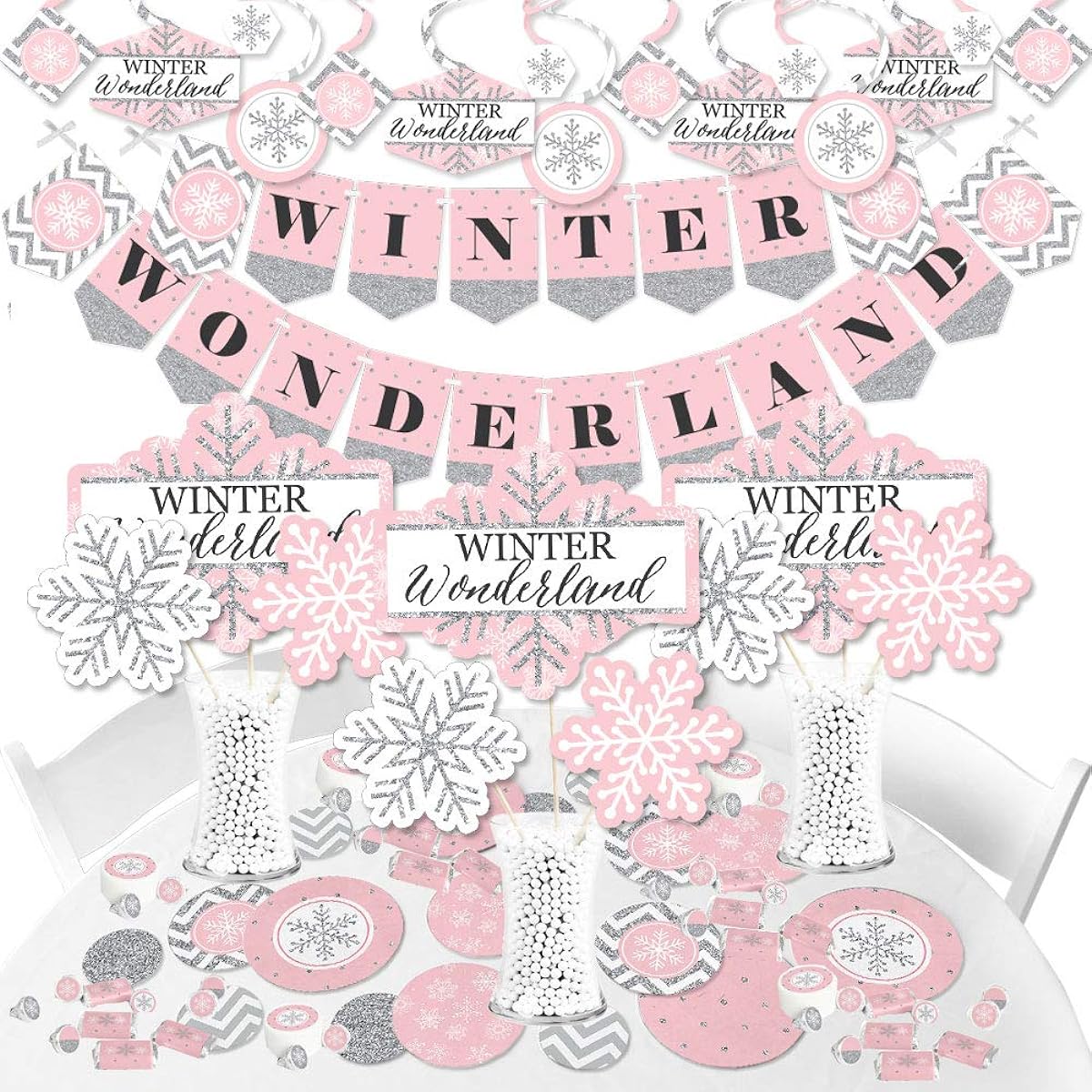 Big Dot of Happiness Pink Winter Wonderland - Holiday Snowflake Birthday Party or Baby Shower Supplies - Banner Decoration Kit - Bundle Bundle