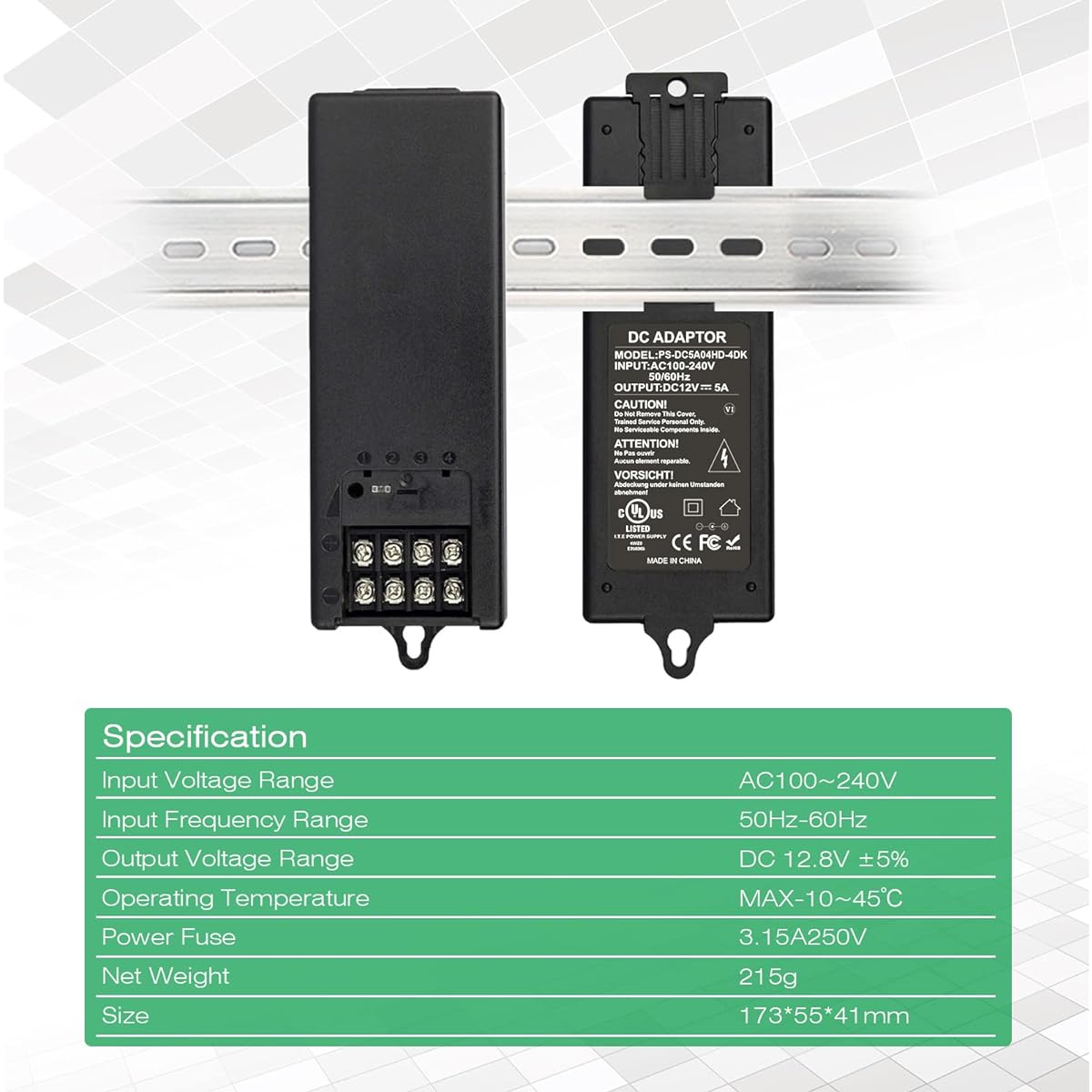 UltraPoe 12V 5A DC Power Adapter 4 Channel AC Input 100V-240V DC Output 11V-15V Adjustable for CCTV Security Cameras with PTC Fuse DIN Rail Mount