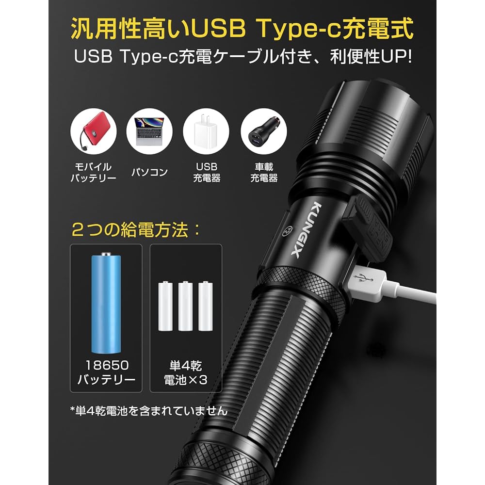 Flashlight, Ultra Bright Chip, Handy Light, USB Type-C Rechargeable, Powerful, High Brightness, 5,000 Lumens, 5 Modes Dimming, IP54 Waterproof, Dustproof, Zoom Type, Lightweight, Aluminum Alloy,