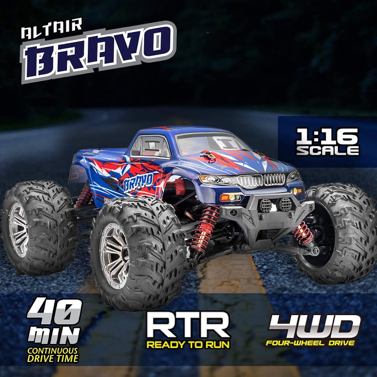 ALTAIR Bravo 1:16 Scale 4x4 RC Truck [40 Minutes Run Time] Dual Battery Extension | Free Priority Shipping | 20+ MPH | All Weather Body and Tires | Off-Road Fun (Lincoln, NE USA Company)