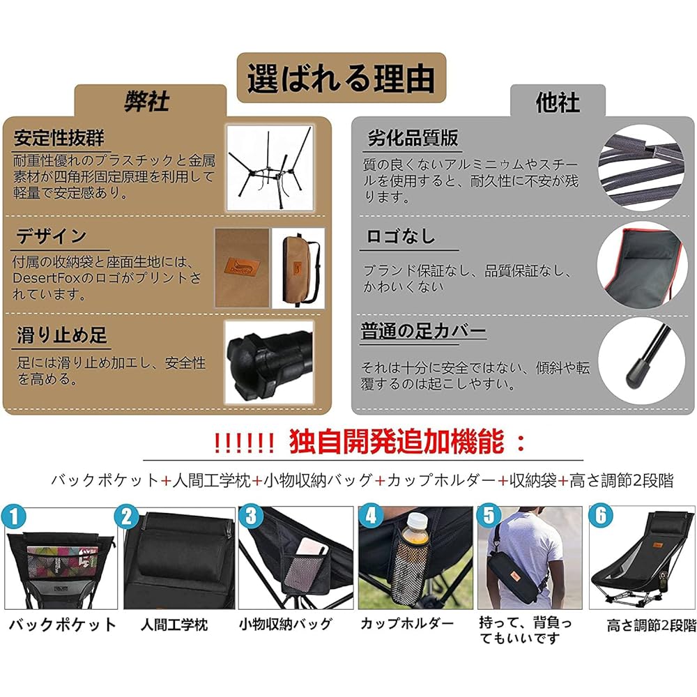 Outdoor Chair 2WAY Camping Chair Low Chair Lightweight with Pillow High Back [Original Cup Holder] Load Capacity 150kg Compact Chair Low Type Storage Bag Included Convenient to Carry - 4G
