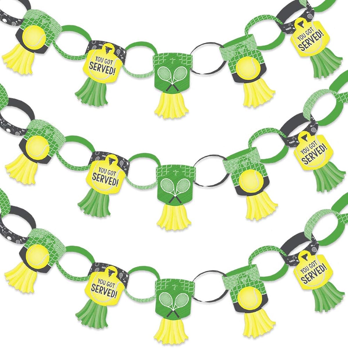 Big Dot of Happiness You Got Served 90 Tennis Chain Links and 30 Paper Tassels for Baby Shower Tennis Ball Birthday Party Paper Chain Garland 21 Feet