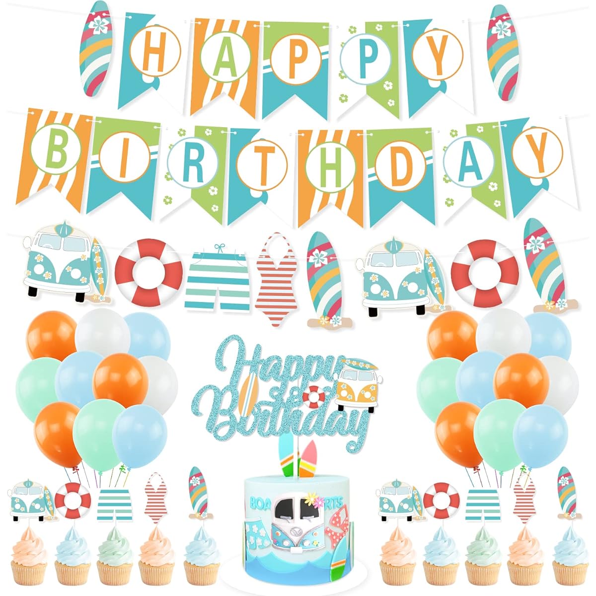 Summer Surfing Birthday Party Decorations Surfboard Banner Surfing Theme Cake Topper Balloons Summer Beach Birthday Decorations Surf Birthday Party Supplies Swimming Pool Hawaii Party Supplies