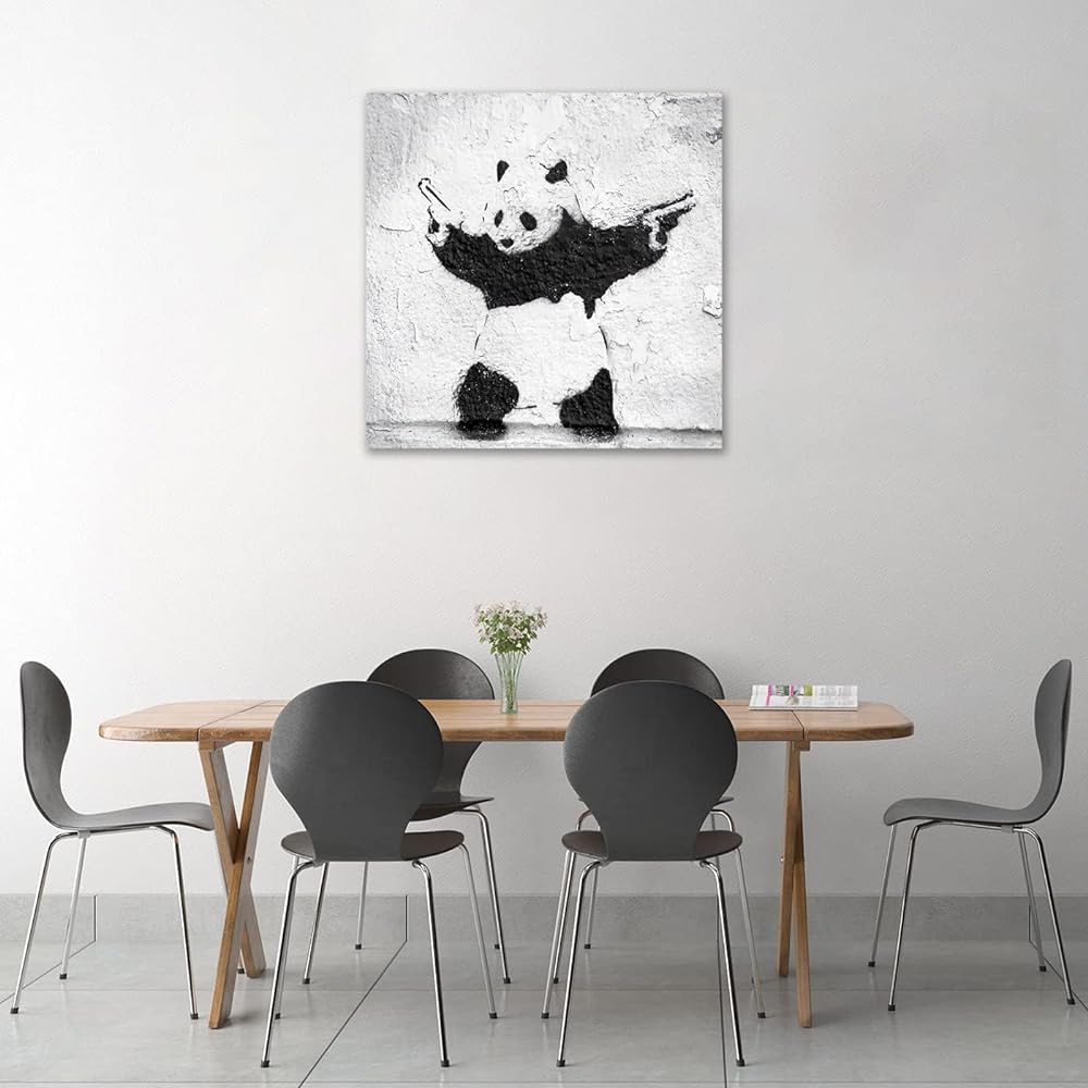 Banksy Art Panel Extra Large Panda Holds a Gun Painting Animal Poster Interior Painting Entrance Wall Painting Wall Hanging Art Finished Product with Wooden Frame (60*60cm)