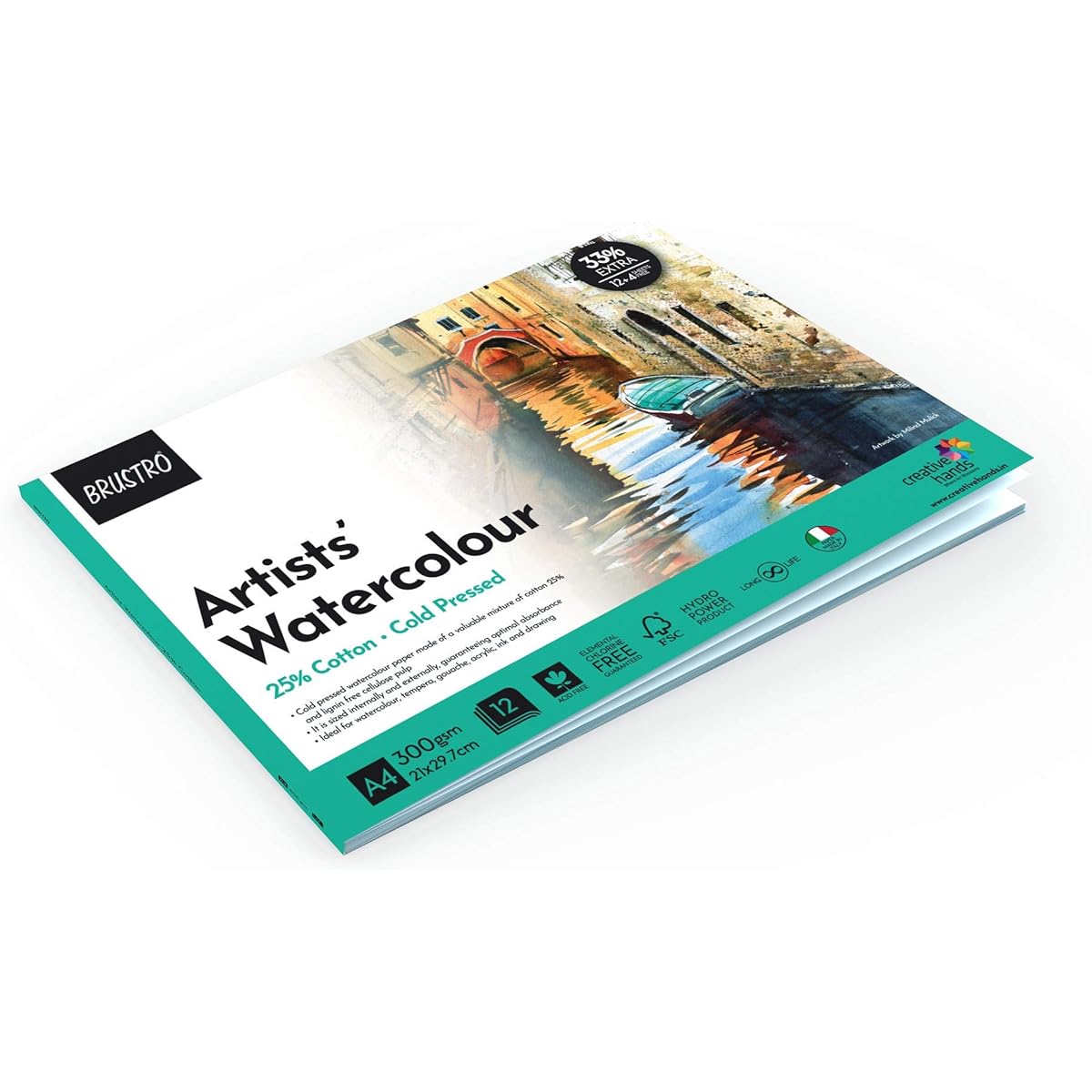 BRUSTRO Artist Watercolor Pad Cold Press 300 gsm 25% Cotton A4 - (12 + 4 Free Sheets) White