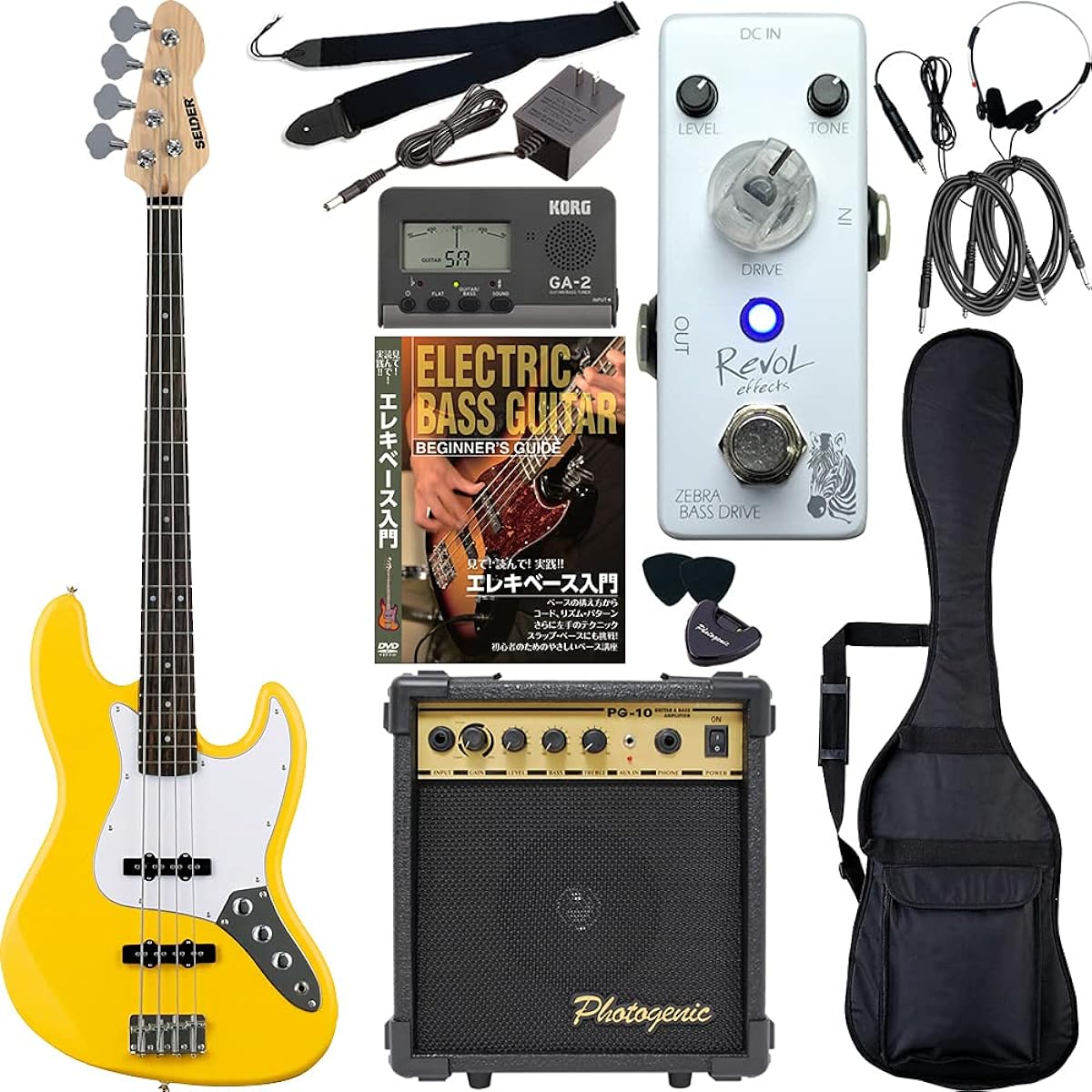 SELDER Electric Bass Jazz Bass Type JB-30/YW Sakura Gakki Original Revol Effects Effector Beginner's Set [Overdrive ZEBRA BASS DRIVE/EBOD-01]