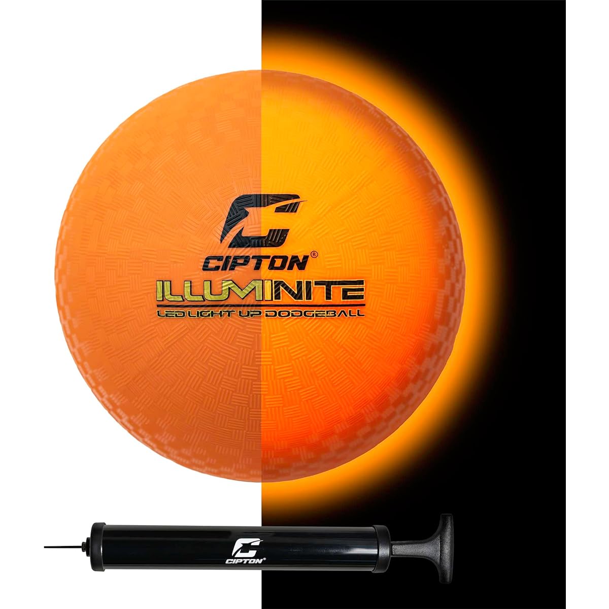 Cipton Glow in the Dark Dodgeball & Kickball, Dual LED Bright Lights for the Ultimate Nighttime Game, Official Size and Weight, Battery Operated, Includes Replacement Batteries & Pump