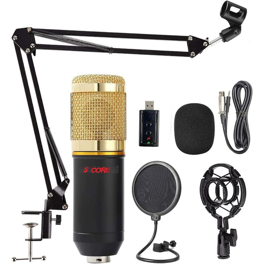 5 Core Studio Condenser Microphone Bundle with Professional Adjustable Boom Arm Stand, Shock Mount, Pop Filter, External USB Sound Card, Foam Cover for Recording and Broadcasting (Gold) - REC SET
