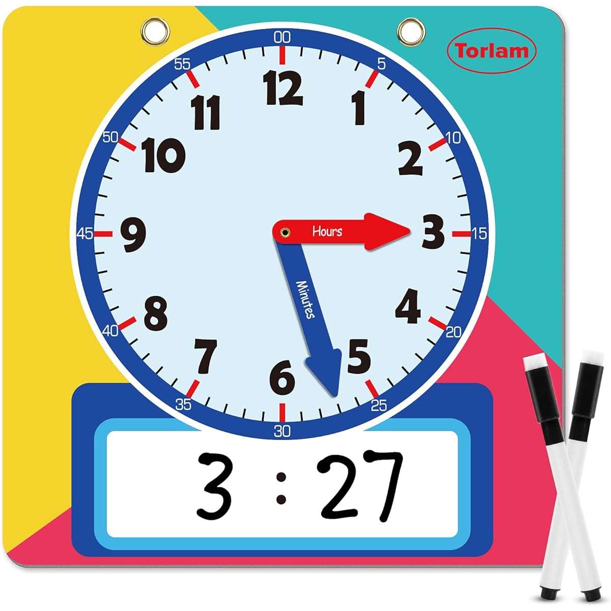 Magnetic Writable Dry Erase Learning Clock | Clock for Kids to Tell Time | Large 12" Demonstration Time Practice Clock with Dry Erase Writing Surface | Pen Included | (Rainbow)