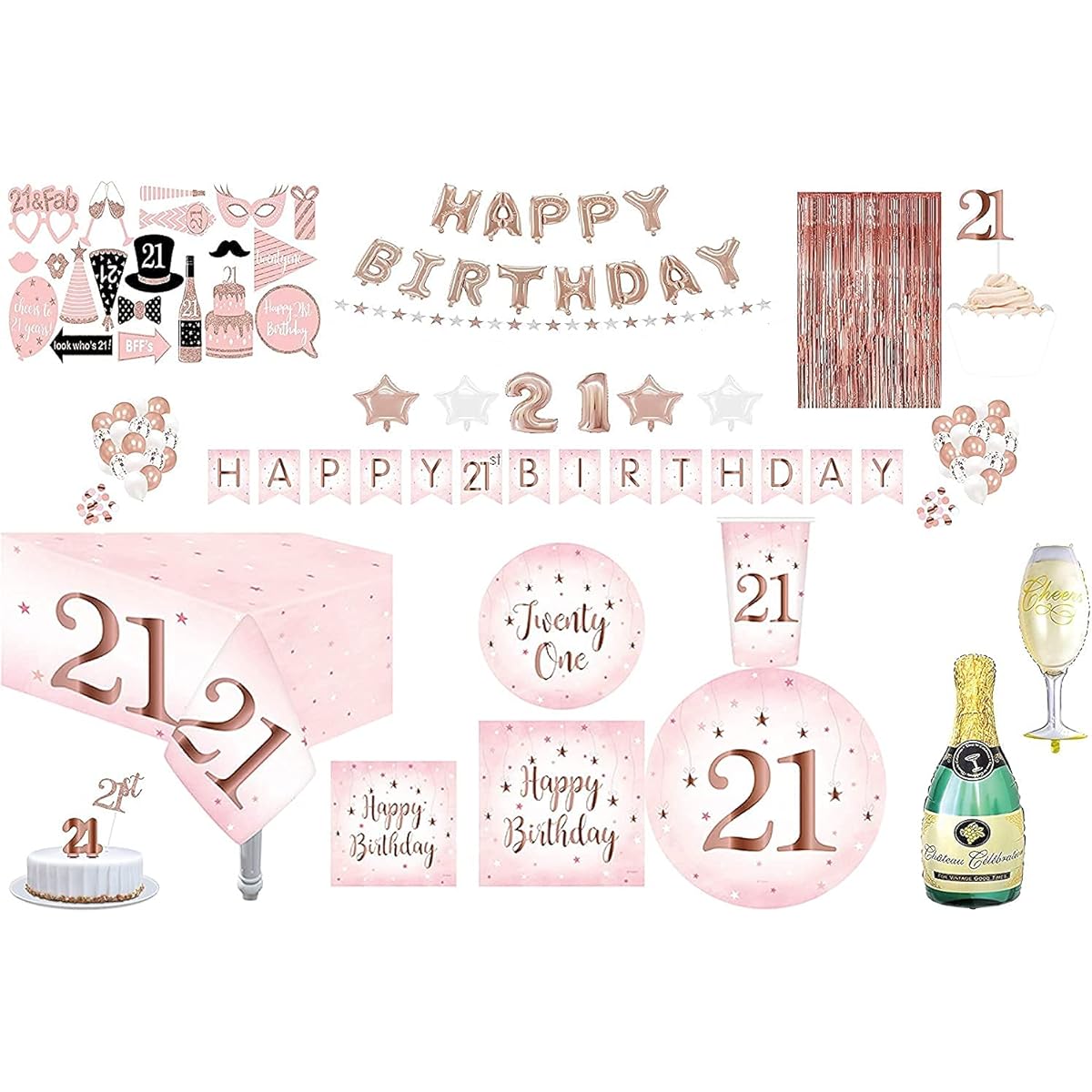 day Party Supplies Rose Gold Foil Theme 9" Dinner Paper Plates 7" Dessert Paper Plates 12oz Cups 60 Napkins Balloons Banners Fringe Curtains Candles Confetti Cups Cake Topper Cake Topper Photo Props 21st Birthday Perfect for party celebration decorations