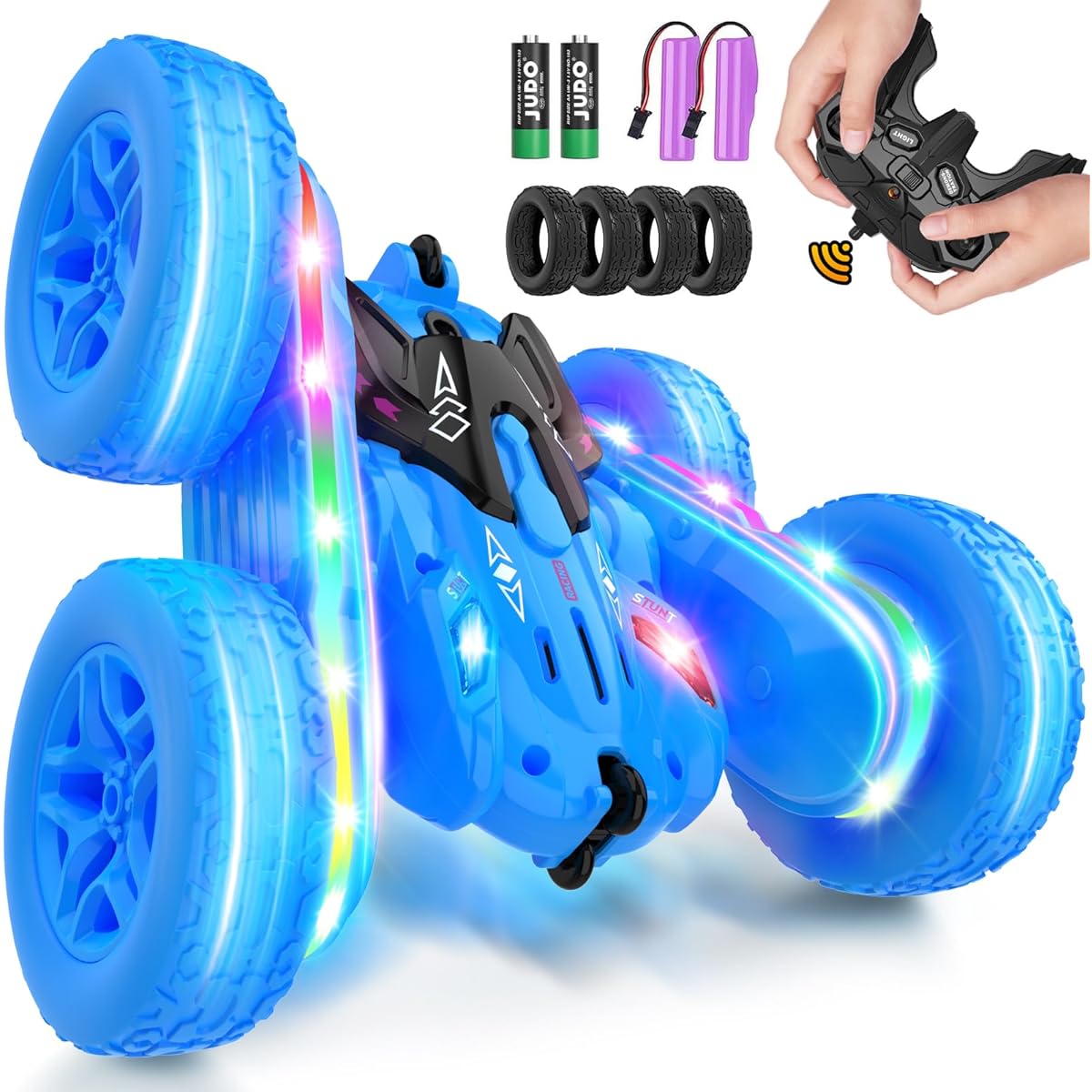 Jimdella Remote Control Car 360 Flip Rotating Stunt RC Car Double Sided RC Car with LED Lights Blue
