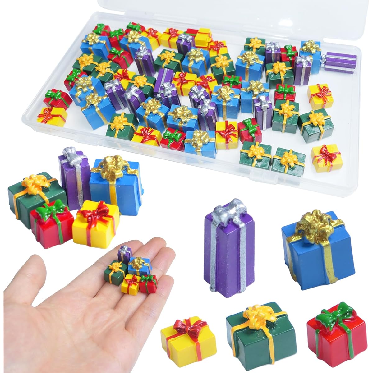 HADDIY 60pcs Christmas Miniature Gift Box Ornaments, Christmas Tree Mini Resin Charms for Craft Dollhouse and Xmax Mini Decorations