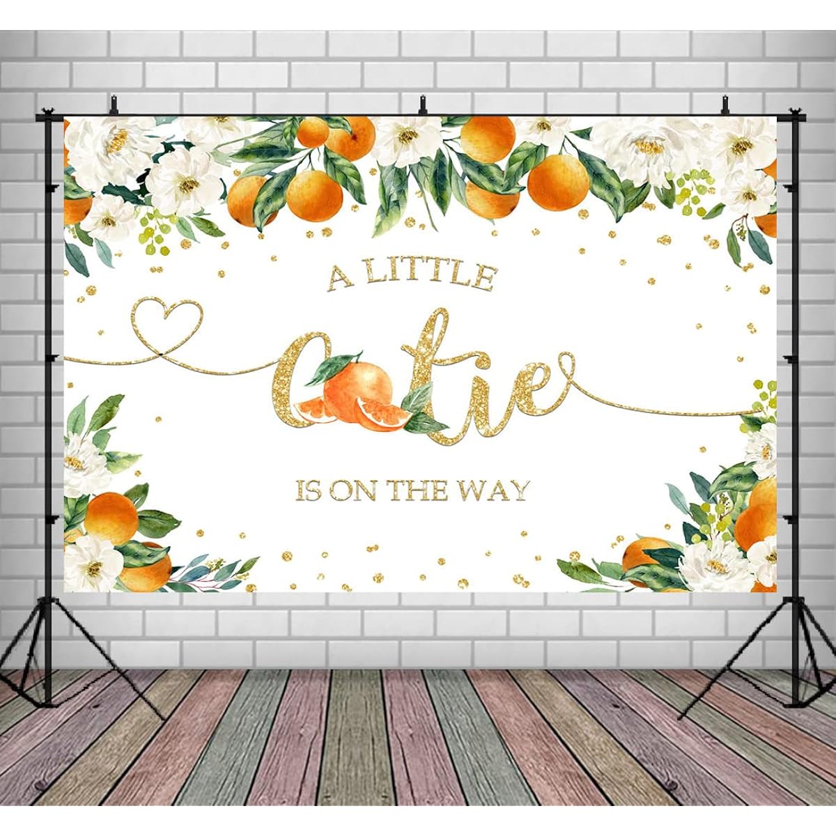 Lofaris A Little Cutie is On The Way Baby Shower Party Backdrop Citrus Orange Gender Reveal Backdrop Green Orange Floral Newborn Birthday Party Supplies Cake Table Banner 9x6ft