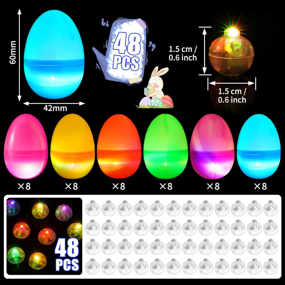 Mikulala Mini LED Lights Easter Basket Stuffers Glow in the Dark Party Supplies Easter Egg Fillers Goodie Bag Stuffers Gifts for Kids Easter Egg Hunt Party Decorations 96 Pieces