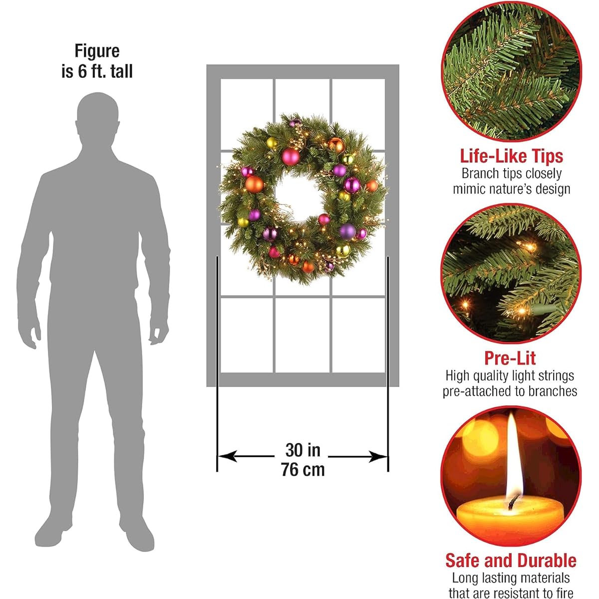 National Tree Company Lighted Artificial Christmas Wreath | Flocked Ornaments and Stringed White LED Lights | Kaleidoscope - 30"