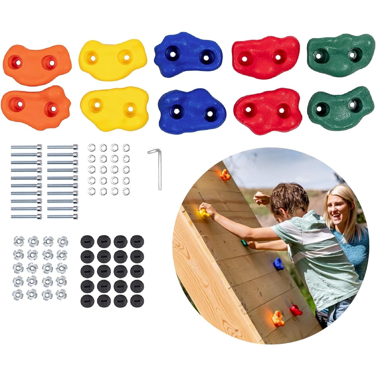 Squirrel Products Kids Rock Climbing Indoor and Outdoor Playground Accessories Rock Wall Climbing Kit with Mounting Hardware, 10 Pack, Patented Safety Plug Included