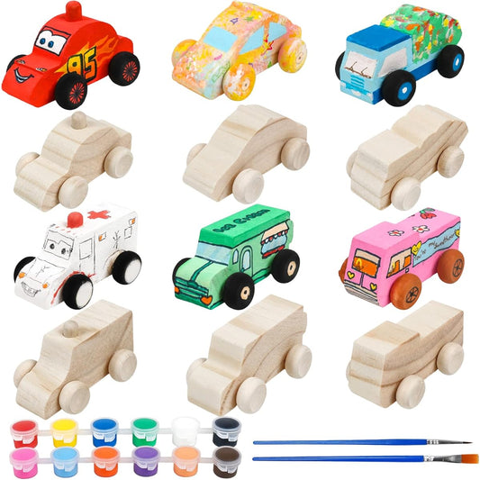 12pcs Wooden DIY Car Toys Unfinished Wooden Cars Paintable Wooden Car Blocks Crafts Student Home Activity Easy Woodworking and Family Time Set