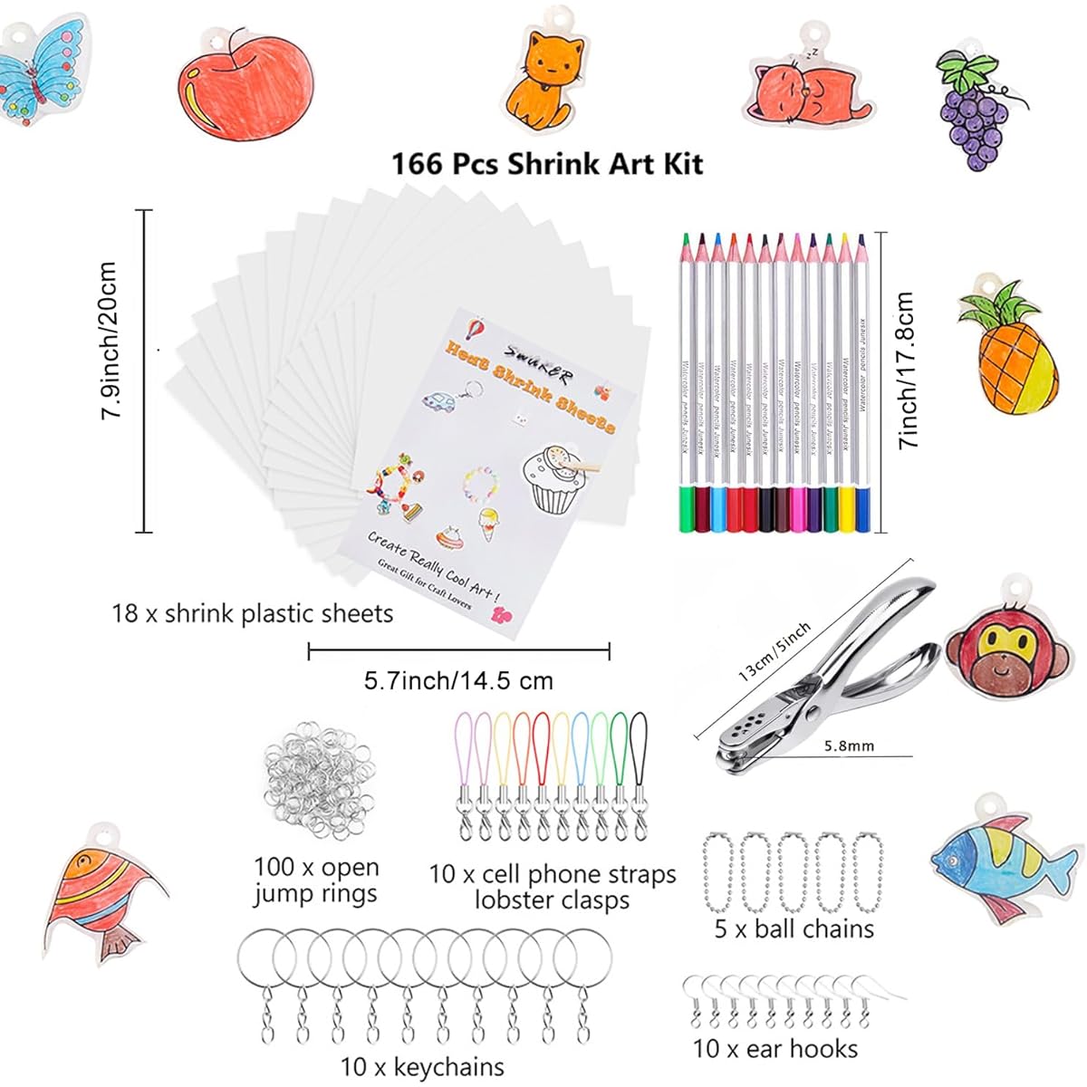 Heat Shrink Plastic Sheet Kit, 166 Pieces Shrink Art Kit with 10 Sheets Shrinky Art Paper and 8 Sheets Patterns, Hole Punch, Keychain Accessories and Pencils for Kids Creative Crafts