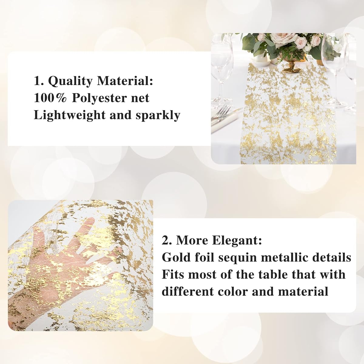 Ecoofor Gold Table Runner, 11" x 98' Glitter Metallic Gold Foil Mesh Table Runner Roll Table Decoration for Wedding Birthday Banquet Christmas
