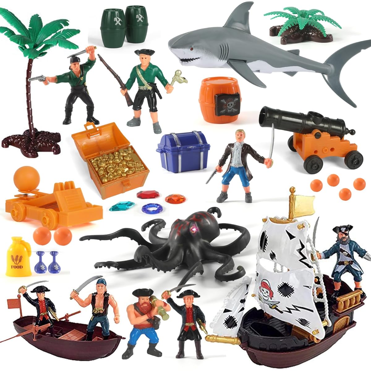 Pirate Action Figures Playset with Boat, Treasure Chest, Cannon, Shark, Pirate Ship - Pirate Toy Ship Toys Kids Pretend Adventure Playset Figures Birthday Gifts for Ages 2, 3, 4, 5, 6, Boys, Girls