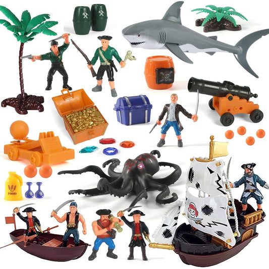 Pirate Action Figures Playset with Boat, Treasure Chest, Cannon, Shark, Pirate Ship - Pirate Toy Ship Toys Kids Pretend Adventure Playset Figures Birthday Gifts for Ages 2, 3, 4, 5, 6, Boys, Girls