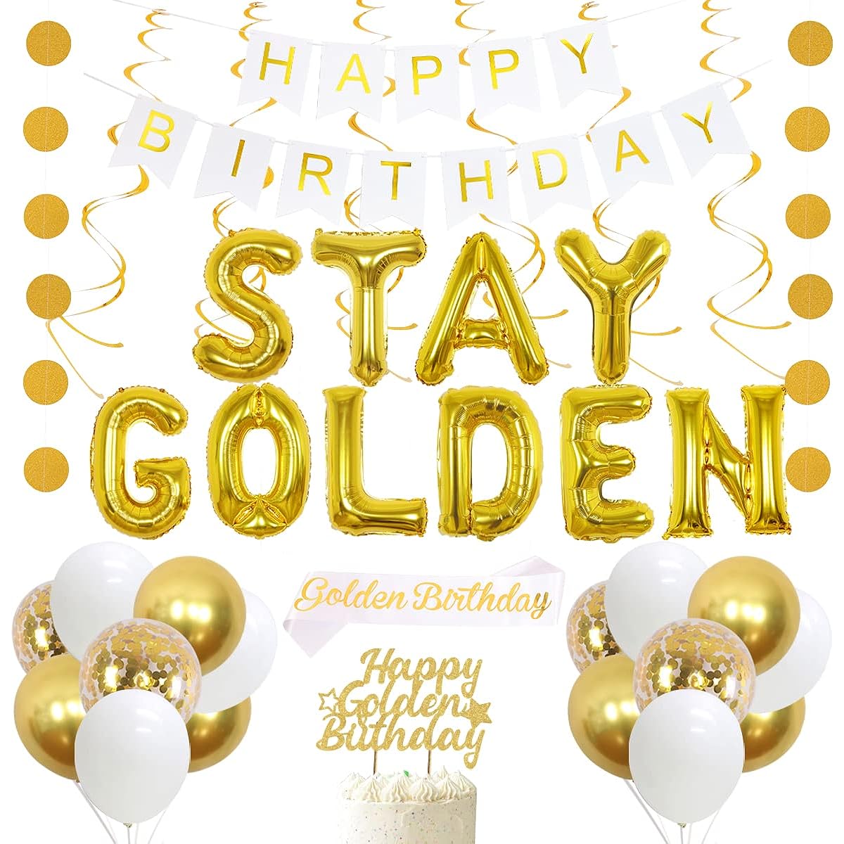 Stay Golden Birthday Party Decorations Happy Birthday Gold Banner Decorations Stay Golden Balloons Happy Golden Birthday Cake Topper Sash for Boys Girls Adults Gold Hanging Swirls Circle Dots Garland Decor
