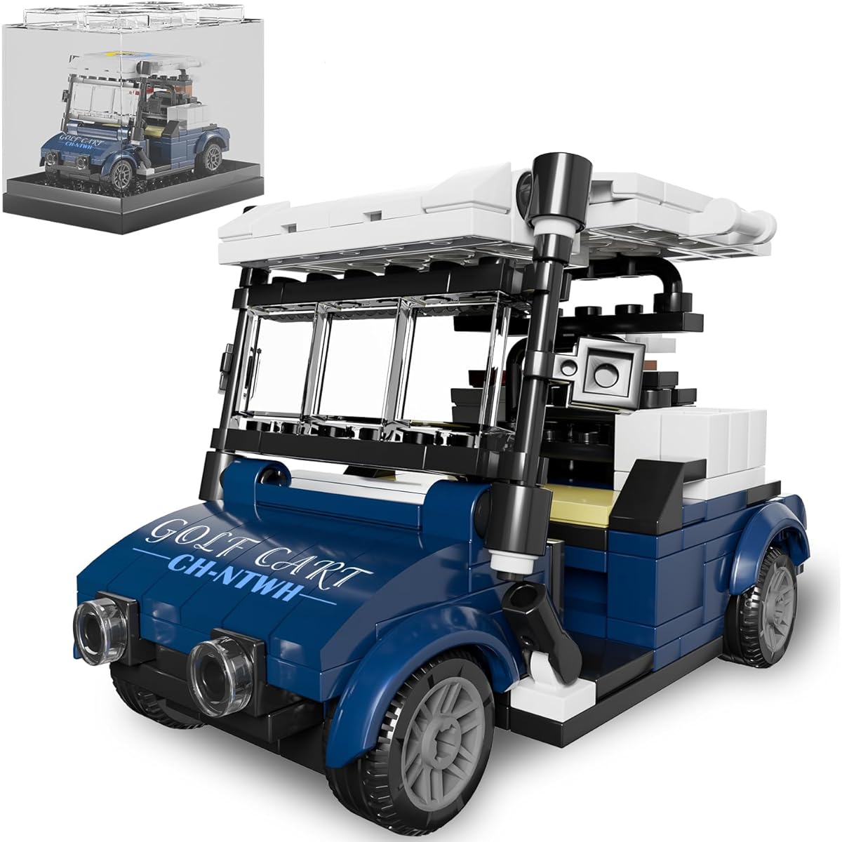 CH NTWH 1:20 Scale Blue Golf Toy Cart Building Set with Acrylic Display Case - Great Golf Desk Decor Gift for Golf Enthusiasts