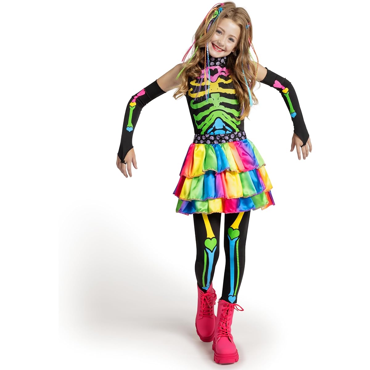 Spooktacular Creations Funky Punky Bones Colorful Skeleton Deluxe Girls Costume Set with Hair Extensions