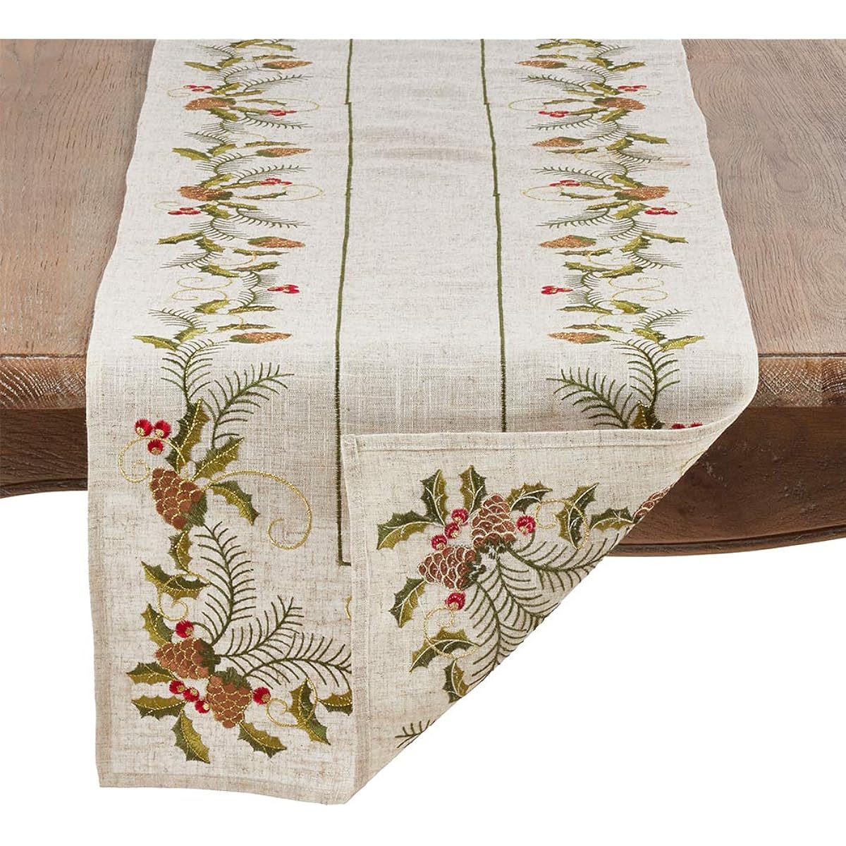 Fennco Styles Holiday Embroidered Pine Cones and Holly Poly Linen Natural Table Linen Collection 16"x68" Rectangular