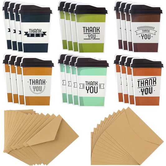 24 Pack Thank You Cards, Coffee Cup Thank You Notes with Envelopes, Coffee Greeting Cards, Funny Blank Thank You Cards for Small Business, Appreciation Cards, Party Favors, Office Supplies