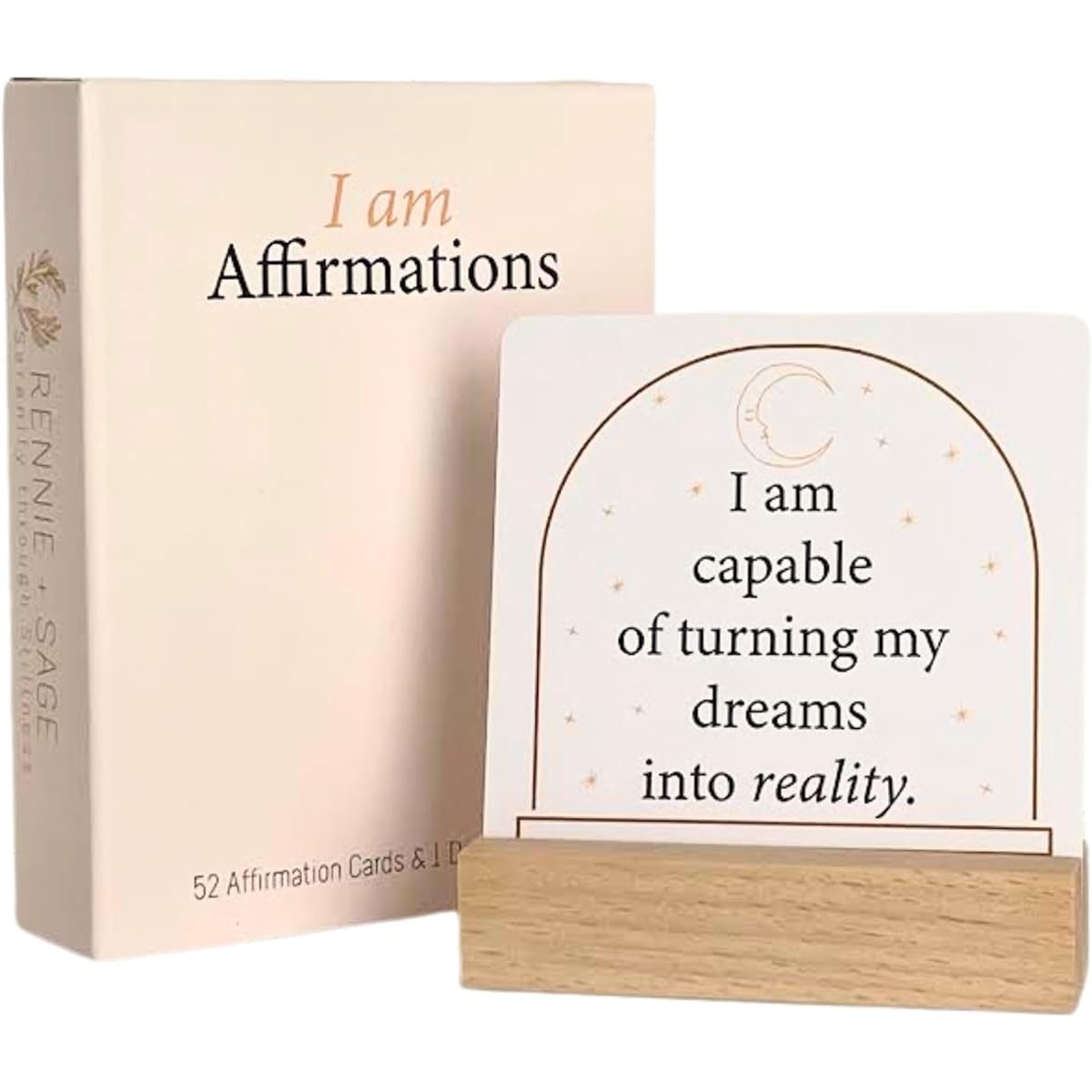 Affirmation Cards - Laminated Paper "I Am" Positive Affirmation Card with Wooden Display Stand - Inspirational Card in Pleasant Colors Display on Vision Board - Gift Positivity Cards