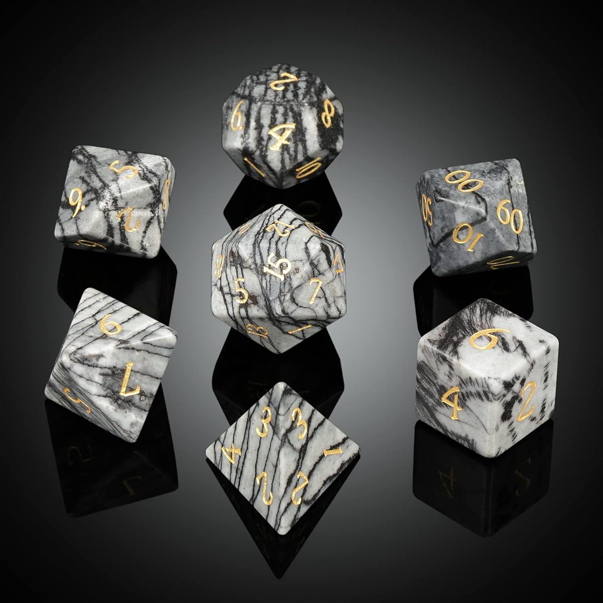 Rough Black Network Jasper Dice DNDND Full Set Natural Stone DND Dice Set with Globy Gift Case for Dungeons & Dragons & Tabletop Games (Network)