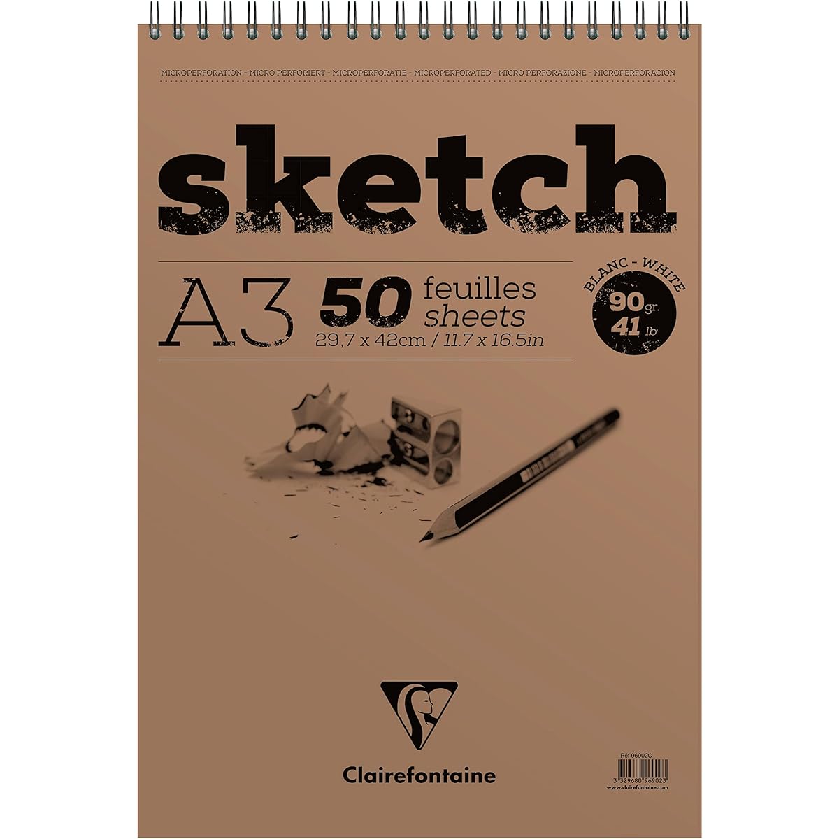 Clairefontaine - Ref 96902C - Head Wirebound Sketch Pad (50 Sheets) - A3 Size 90gsm Paper Microperforated - Perfect for Sketching with Pencil, Charcoal & Felt Tip