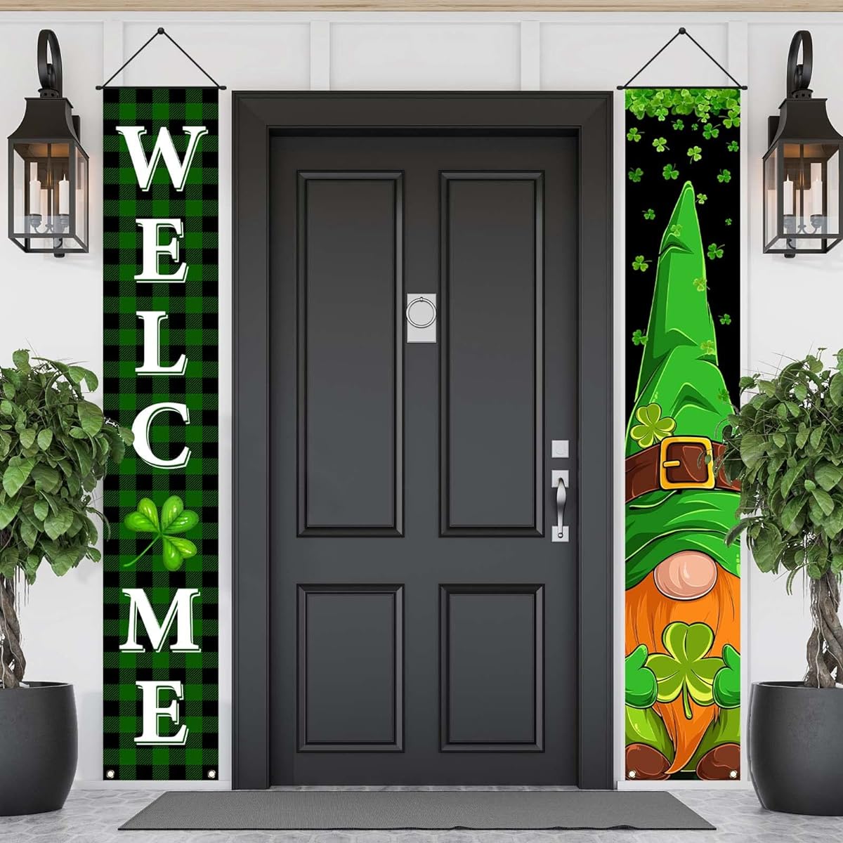 FARMNALL St. Patrick's Day Porch Banner Green Buffalo Plaid Gnome Front Door Sign Shamrock Four Leaf Lucky Clover Wall Hanging Decor and Supplies Home Office Farmhouse Holiday Decor