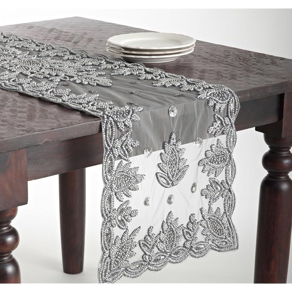 (41cm x 230cm, Silver) - Fennco Styles Elegant Hand Beaded Rectangular Table Runner (41cm x 230cm, Silver)