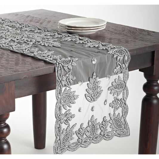 (41cm x 230cm, Silver) - Fennco Styles Elegant Hand Beaded Rectangular Table Runner (41cm x 230cm, Silver)