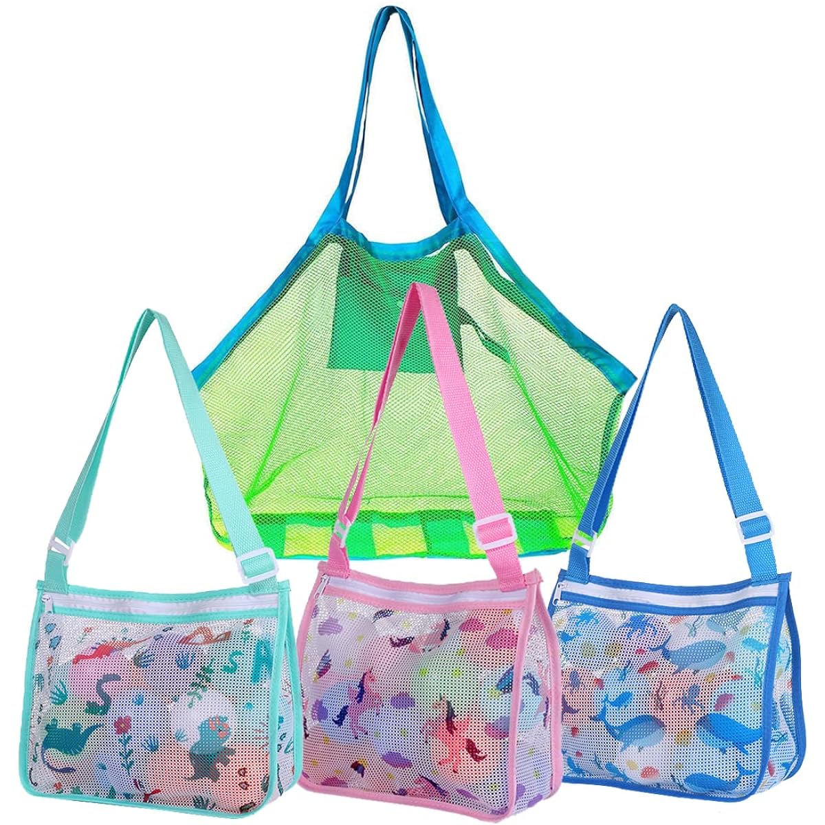 LyssKMK 4 Pieces Beach Mesh Bags, Extra Large Mesh Beach Bag, Beach Toy Tote, Seashell Collecting Bag for Kids, Seashell Holding Tote Bag, Cute Patterns, Adjustable Shoulder Strap, for Girls/Boys, Colorful, 2XL