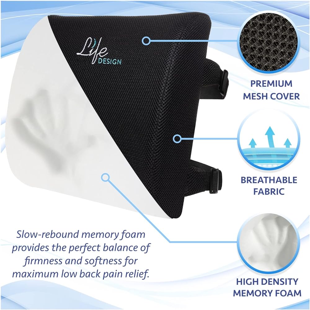 Life Design Lumbar Support Pillow for Office Chair - Memory Foam Pillow for Desk Chair - Back Support for Gaming Chair - Lumbar Support Pillow for Car - Back Pillow for Computer Desk Chair (Black)
