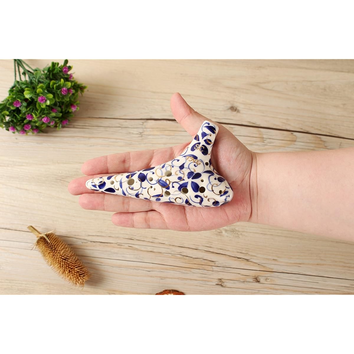 TNG Ocarina Musical Instrument [Soprano/C Key/SC/12 Holes/White & Blue] Luxury Single Ocarina Wind Wind Glaze Finish Blue Flower Porcelain
