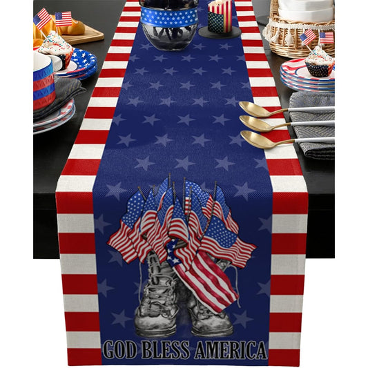 4th of July Table Runner American Flag Freedom Boots Table Runner Independence Day Patriotic Stars Red Stripes Cotton Linen Dresser Scarf Kitchen Table Decor for Memorial Day Holidays 13x120 Inch
