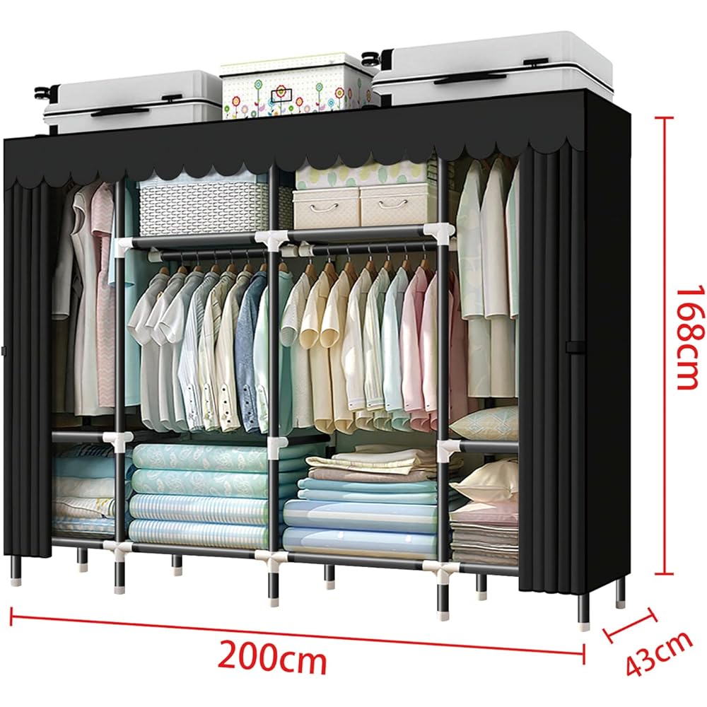 Rukasto Wardrobe with Cover, Large Capacity, Oxford Cloth Closet, Hanger Rack, Easy to Assemble, Clothes Storage Rack, Space Saving, Waterproof, Dustproof, Stain Resistant, Durable, Width 200 x Depth 43 x Height 168 cm, Black