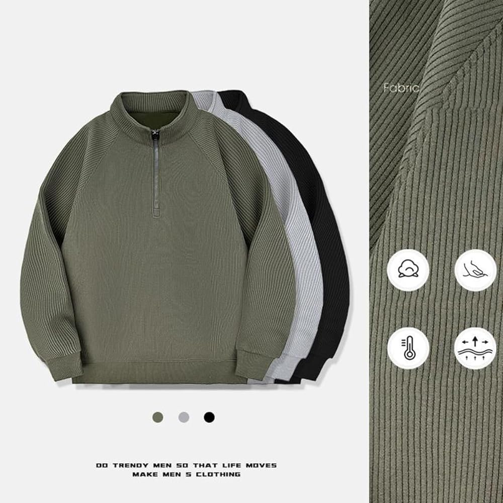 [XINYIJ] Men's Sweatshirt, Half Zip, Long Sleeve T-Shirt, Men's, Stylish, Loose, Cotton, Plain Sweatshirt, Men's, Large Size, Spring, Summer