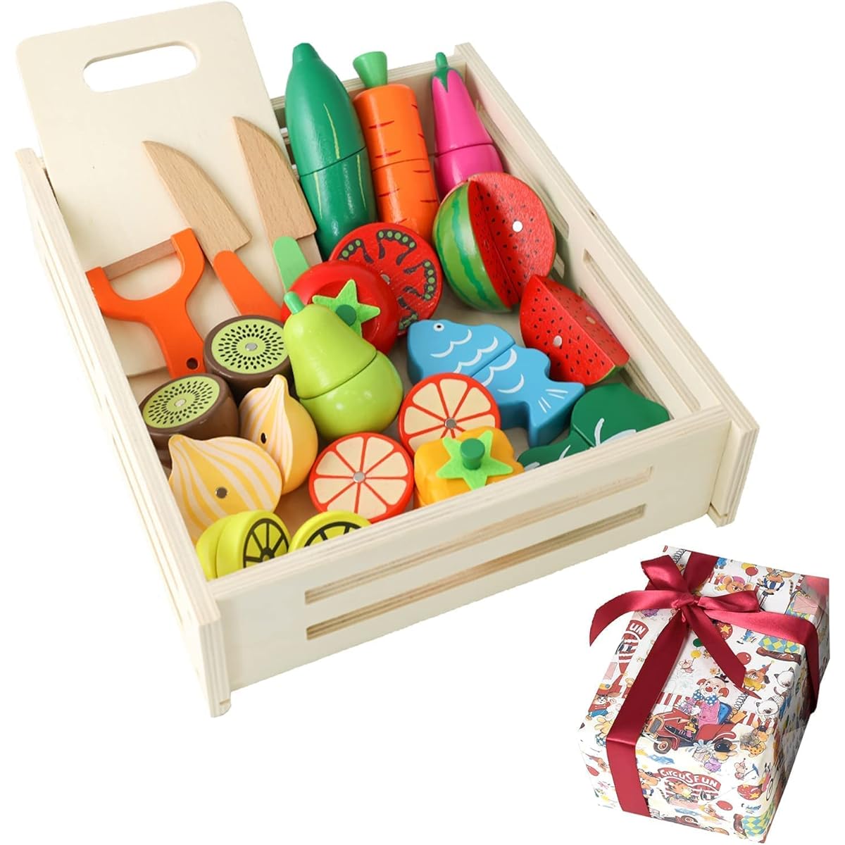 [Food Sanitation Law Inspected] MRG Wooden Pretend Play Set 18 Pieces Kitchen Food Magnets Vegetables Fish Wooden Toys Toys Sharp Children Toddlers Educational Toys Pretend Play (Pink Wrapping, Personalized (Knife, Green))