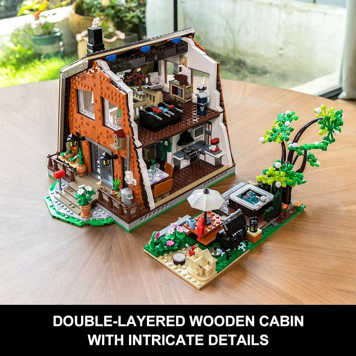 PANTASY Wooden Cabin Building Set, Cabin House Building Bricks Set, Buildable Architecture with Outdoor Pool and BBQ Model Building Kit, Construction Building Set for Adults and Teens