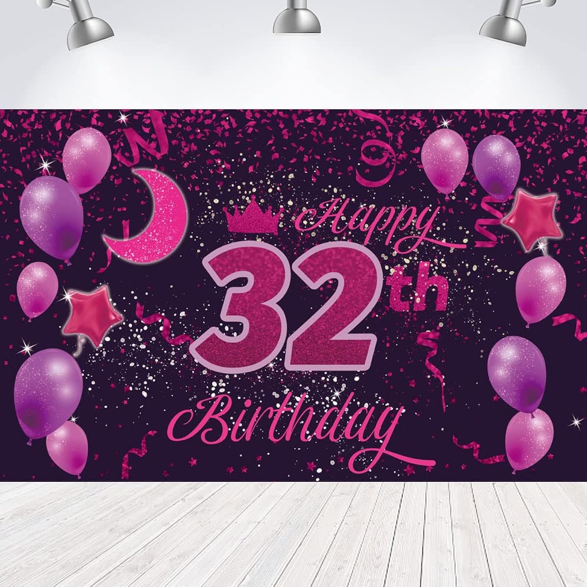 Sweet Happy 32th Birthday Backdrop Banner Poster 32 Birthday Party Decorations, 32nd Birthday Party Supplies, 32 Years Old Photo Background for Girls, Boys, Women, Men - Pink Purple 72.8 x 43.3 Inch