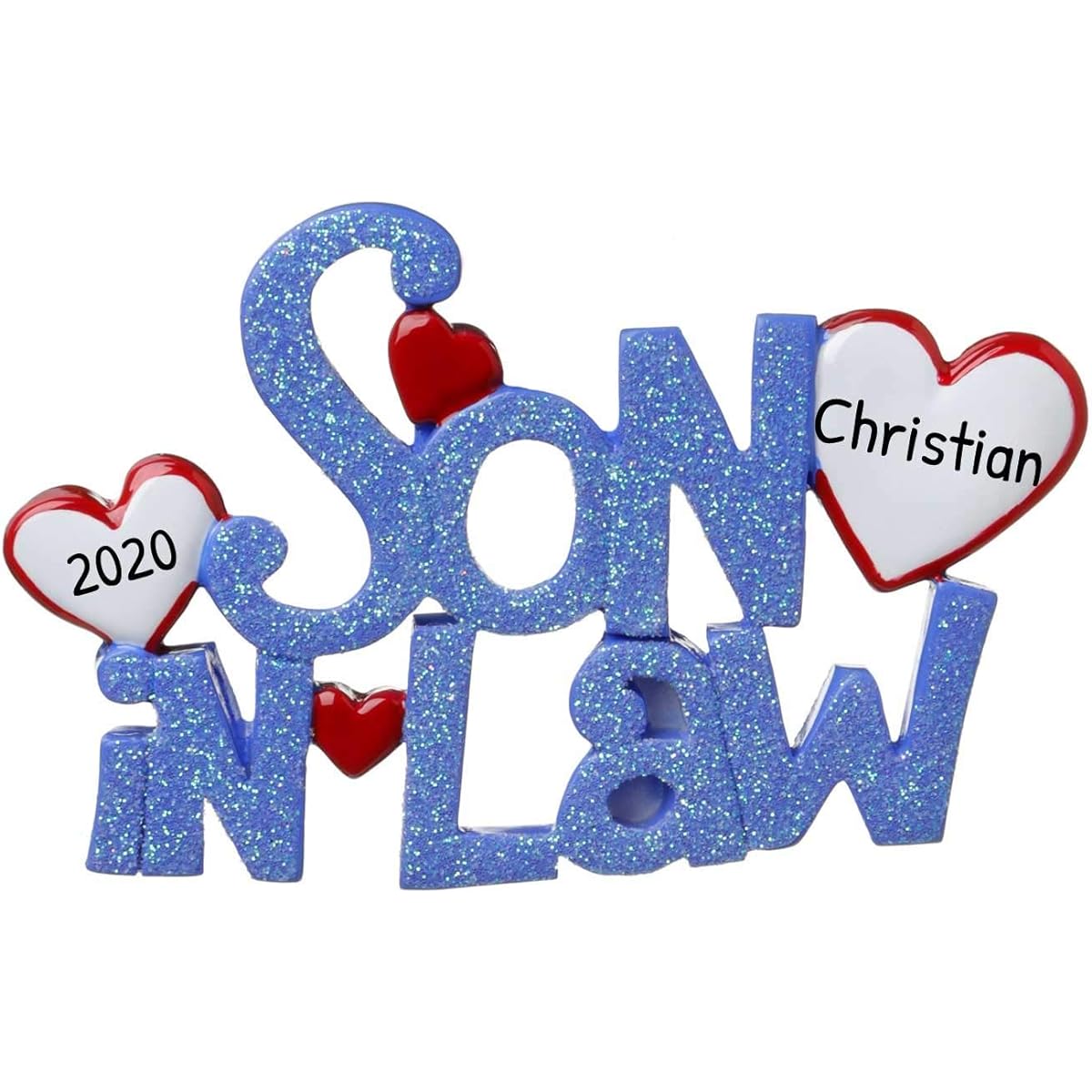 Personalized Son in Law Christmas Tree Ornament 2021 - Family Members Blue Glitter Words World Friends My Love Tradition Special Forever Memories Heart Husband Daughter Girl - Free Customization