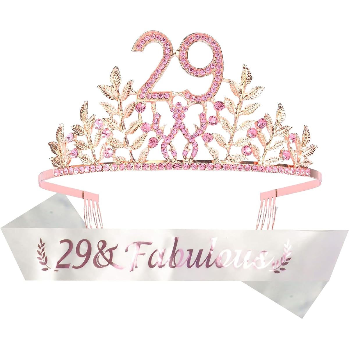 DORADREAMDEKO 29th Birthday Sash and Tiara for Women - Lovely Set: Glitter Sash + Leaf Rhinestone Pink Premium Metal Tiara for Women Gift for 29th Birthday Party