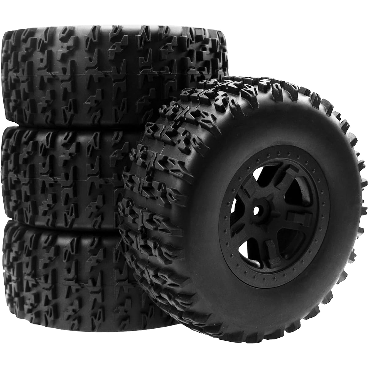 HIRCQOO RC Short Course Truck Wheels & Tires with Foam Inserts OD110mm Compatible with Losi Tenacity Traxxas Slash Arrma HPI Redcat Blackout 1/10 RC Short Course 5 Spokes Pack of 4