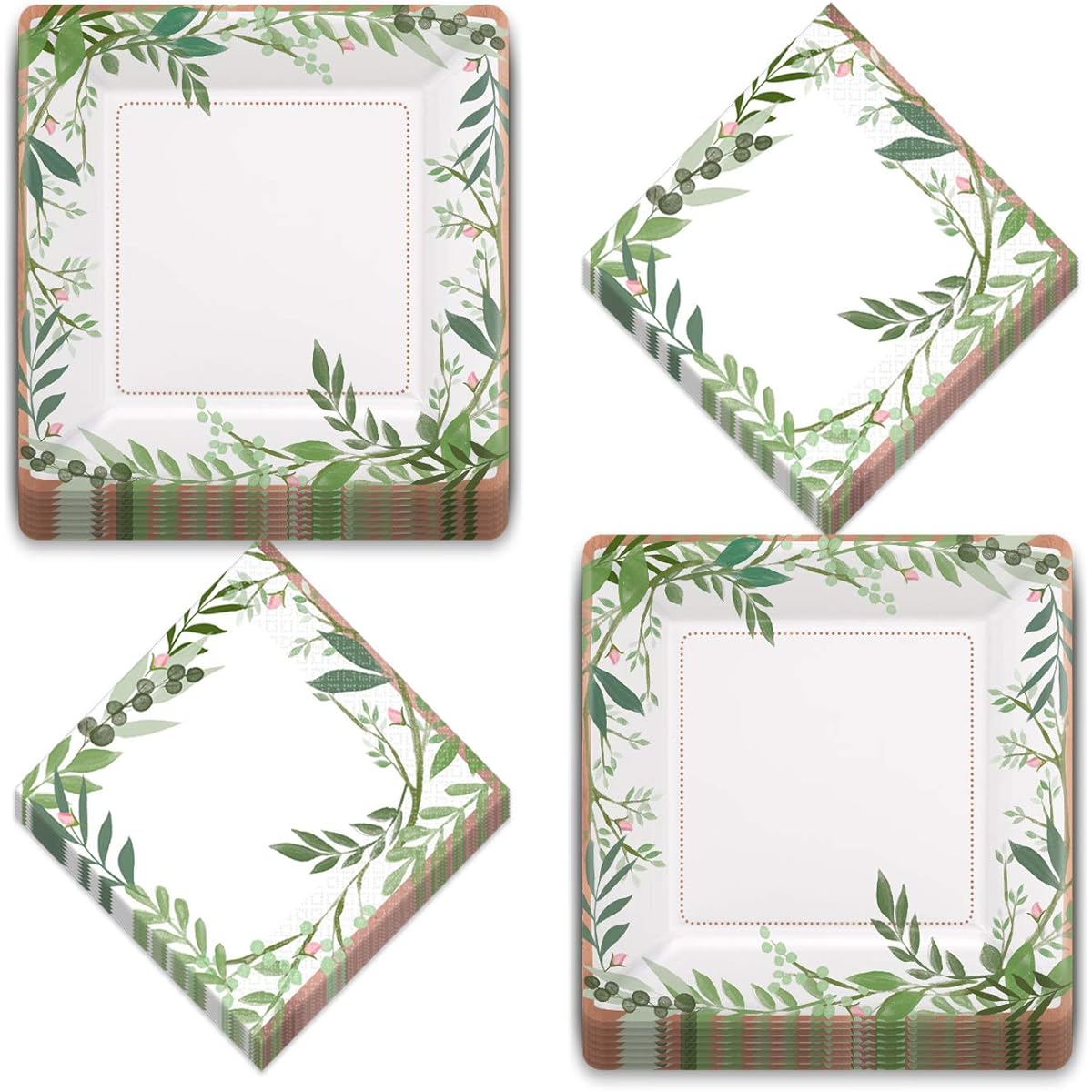 Love and Green Leaves Rose Gold Metallic Square Bridal Dessert Plate Luncheon Napkins Serves 16